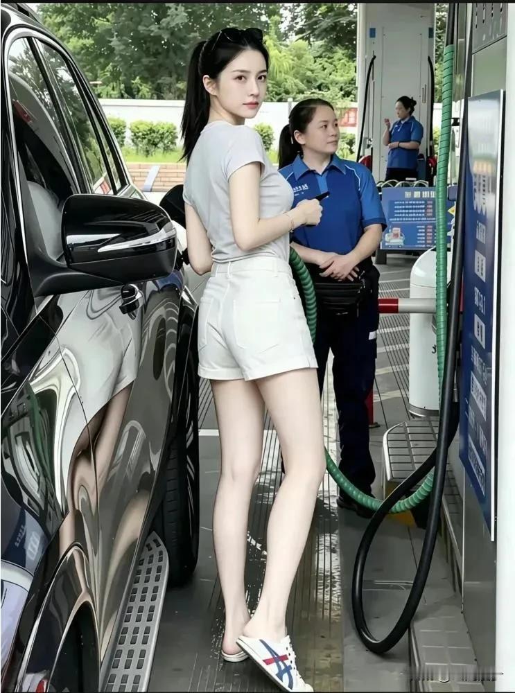 这位女孩初到加油站加油之时，眼睛紧紧盯着油表，生怕有人暗中动手脚。当察觉到有人偷