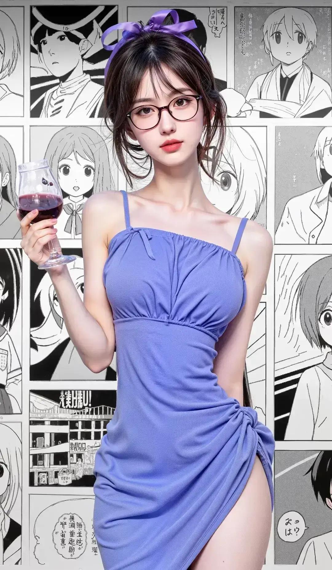 日系少女心爆棚，紫发蝴蝶结，动漫风连衣裙，手拿红酒杯，秒变漫画女主角！💜📚?