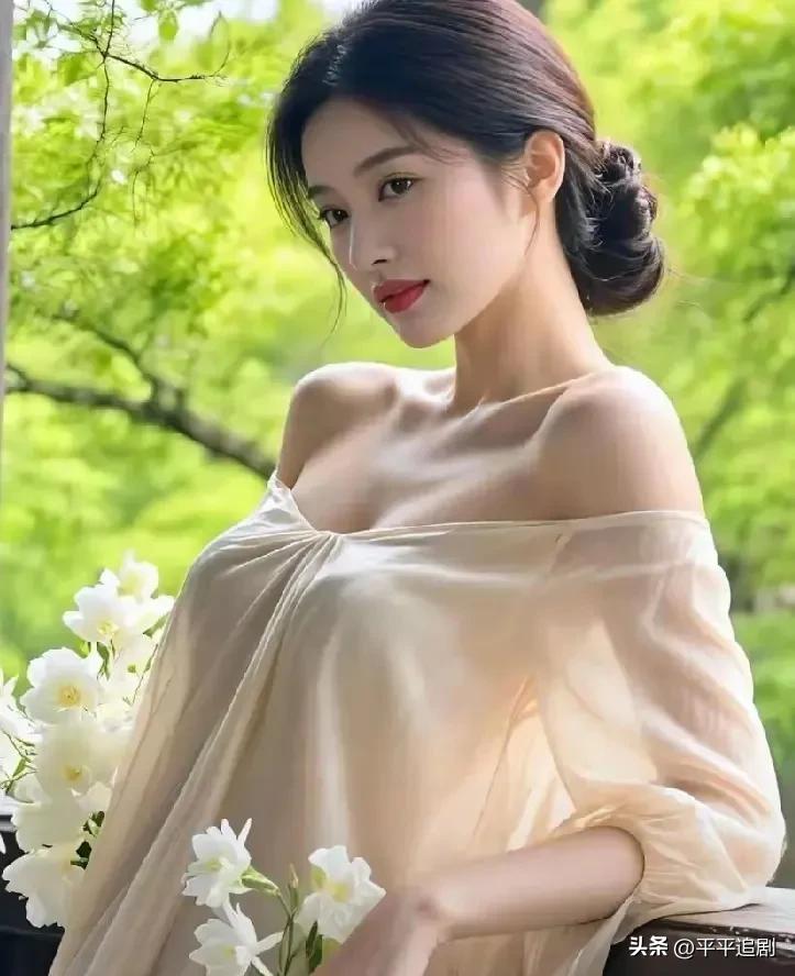 什么年龄段的女人最有女人味?
绿意漫过肩头，白花轻倚臂弯，浅杏色纱裙裹着江南的温