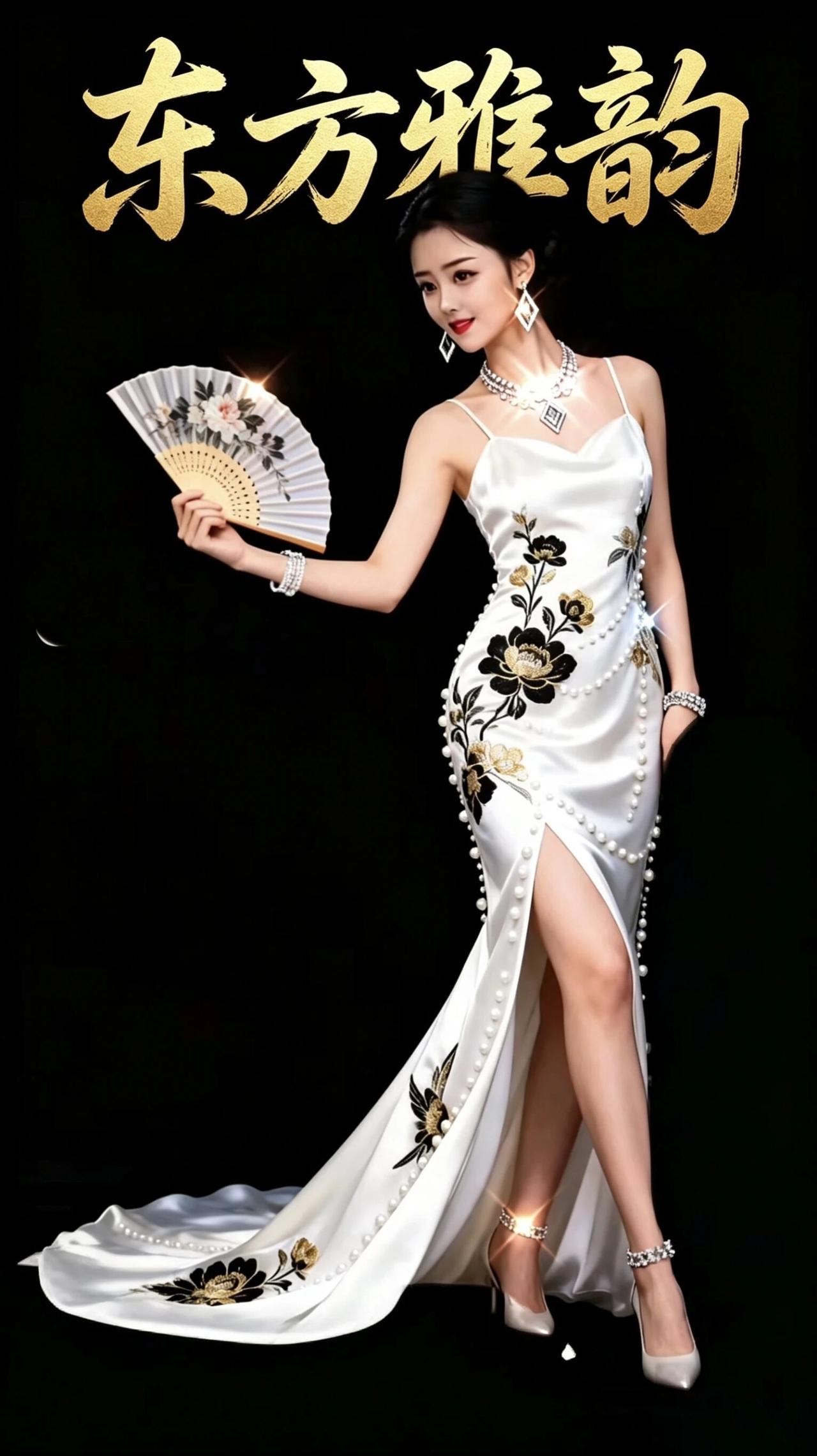 扇舞流光，国色天成- -
黑背景棚拍，改良白色缎面吊带旗袍，黑金牡丹刺绣与珍珠镶