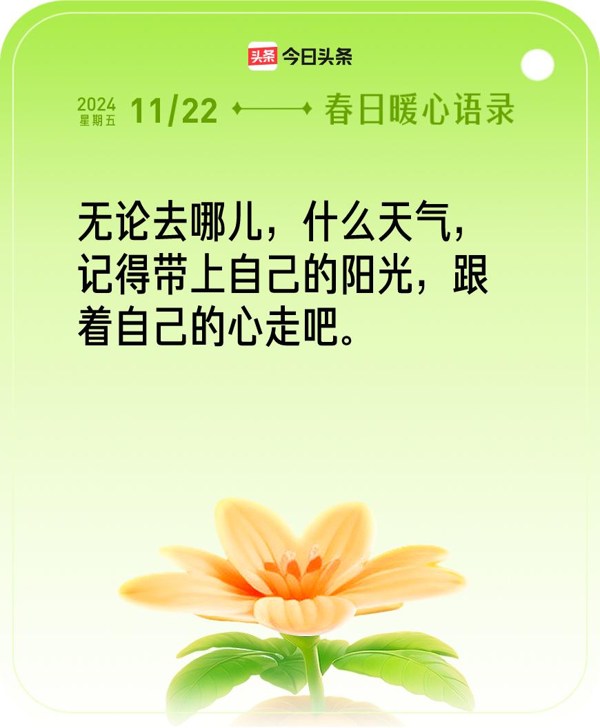 今日暖心语录我抽到的暖心语录为：无论去哪儿，什么天气，记得带上自己的阳光，跟着自