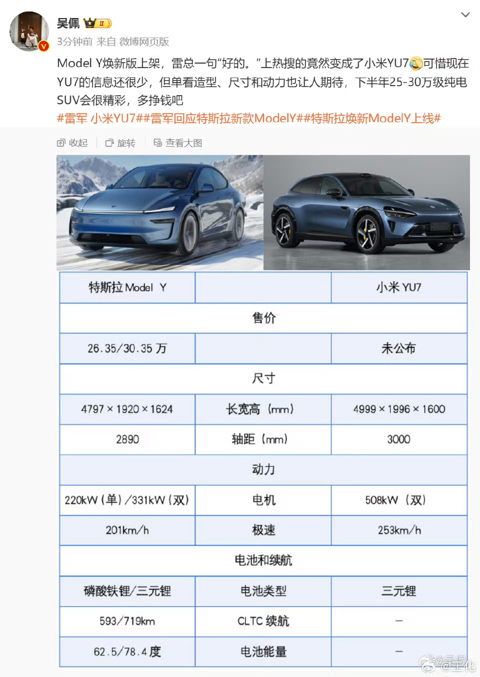 所以目前的已知情况就是小米yu7摁着model y打吗[允悲]电机比model 