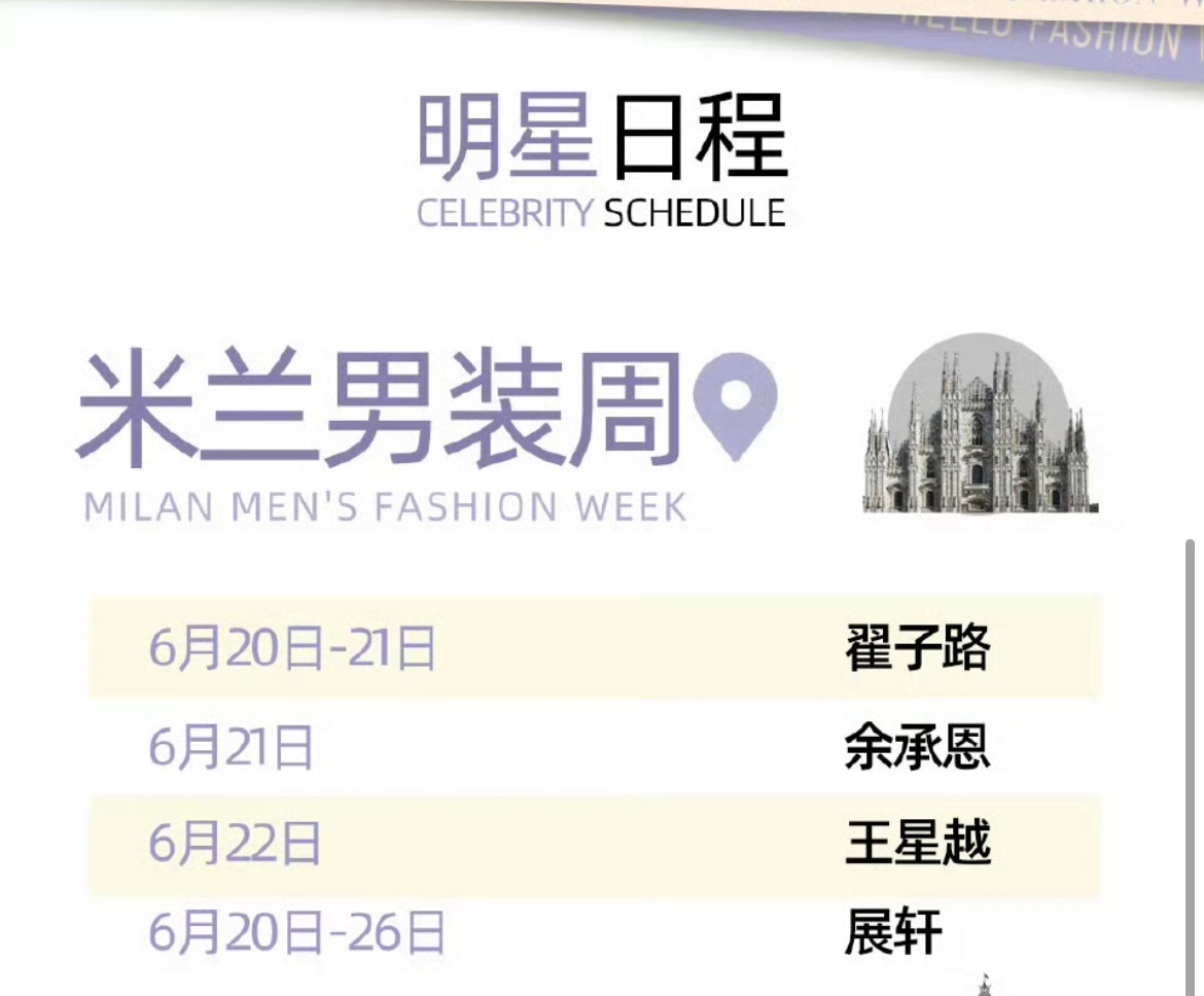 巴黎时装周出席男星：龚俊 陈星旭 邓为 田嘉瑞 周翊然 展轩米兰时装周出席男星翟