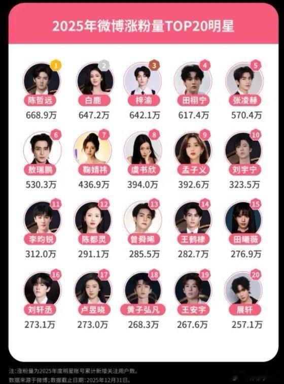 2025微博涨粉量TOP10明星！分别是陈哲远，白鹿，梓渝，田栩宁，张凌赫，敖瑞