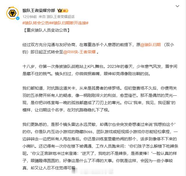 狼队归期断开连接狼队转会公告狼队今日发布人员变动公告归期正式转会至RW侠，在RW