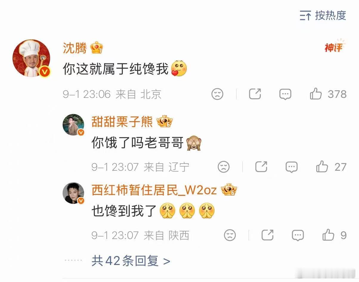 沈腾回复贾冰 你这就是纯馋我了～腾哥又想冰哥做的饭啦～ ​​​