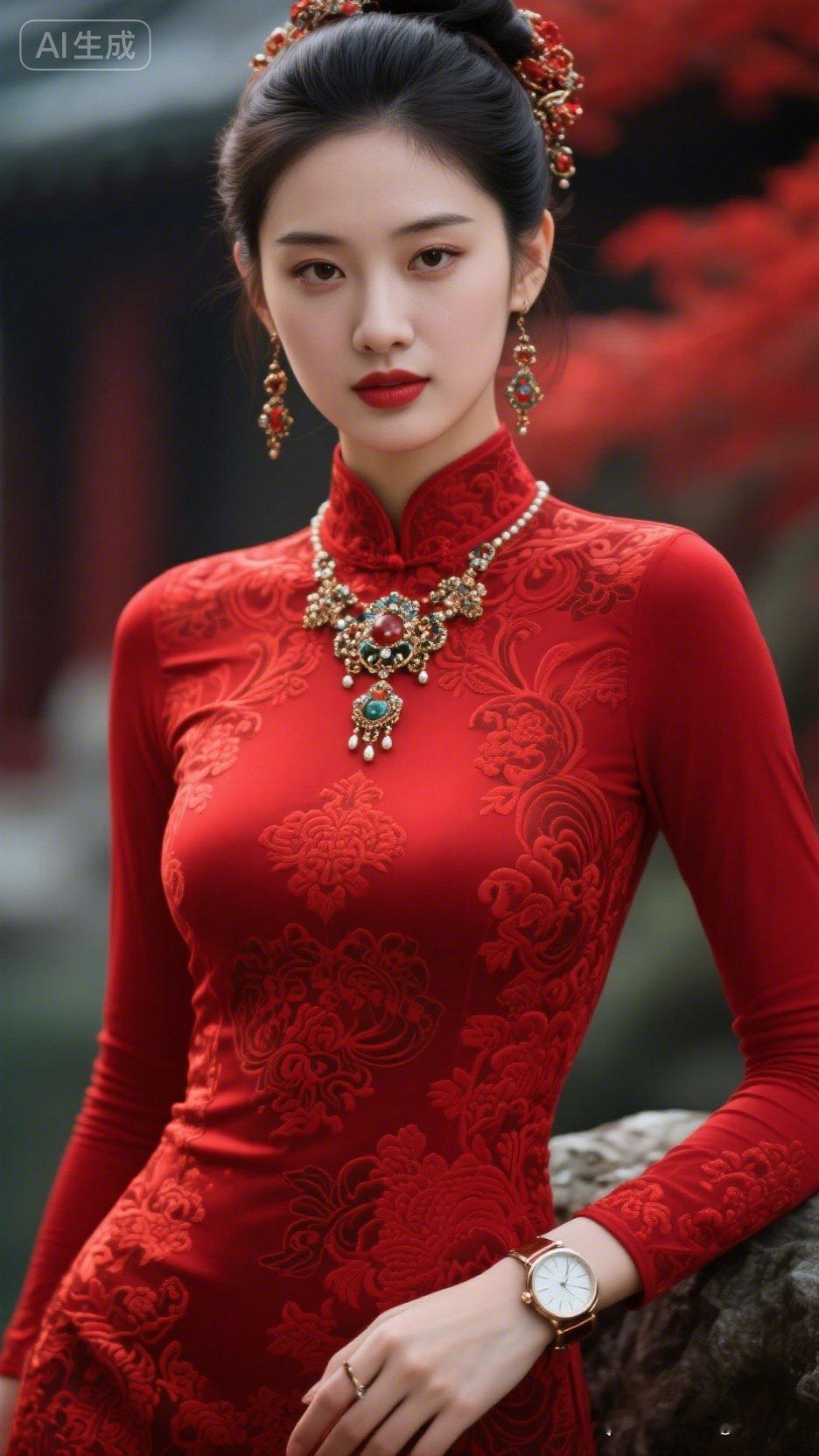 惊艳的红色旗袍，搭配精致的首饰，尽显东方古典美！🌸💍