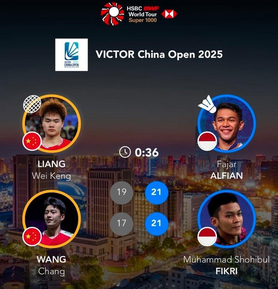 梁王组合中国赛无缘决赛🇨🇳梁伟铿/王昶19-21，17-21阿尔菲安/菲克里