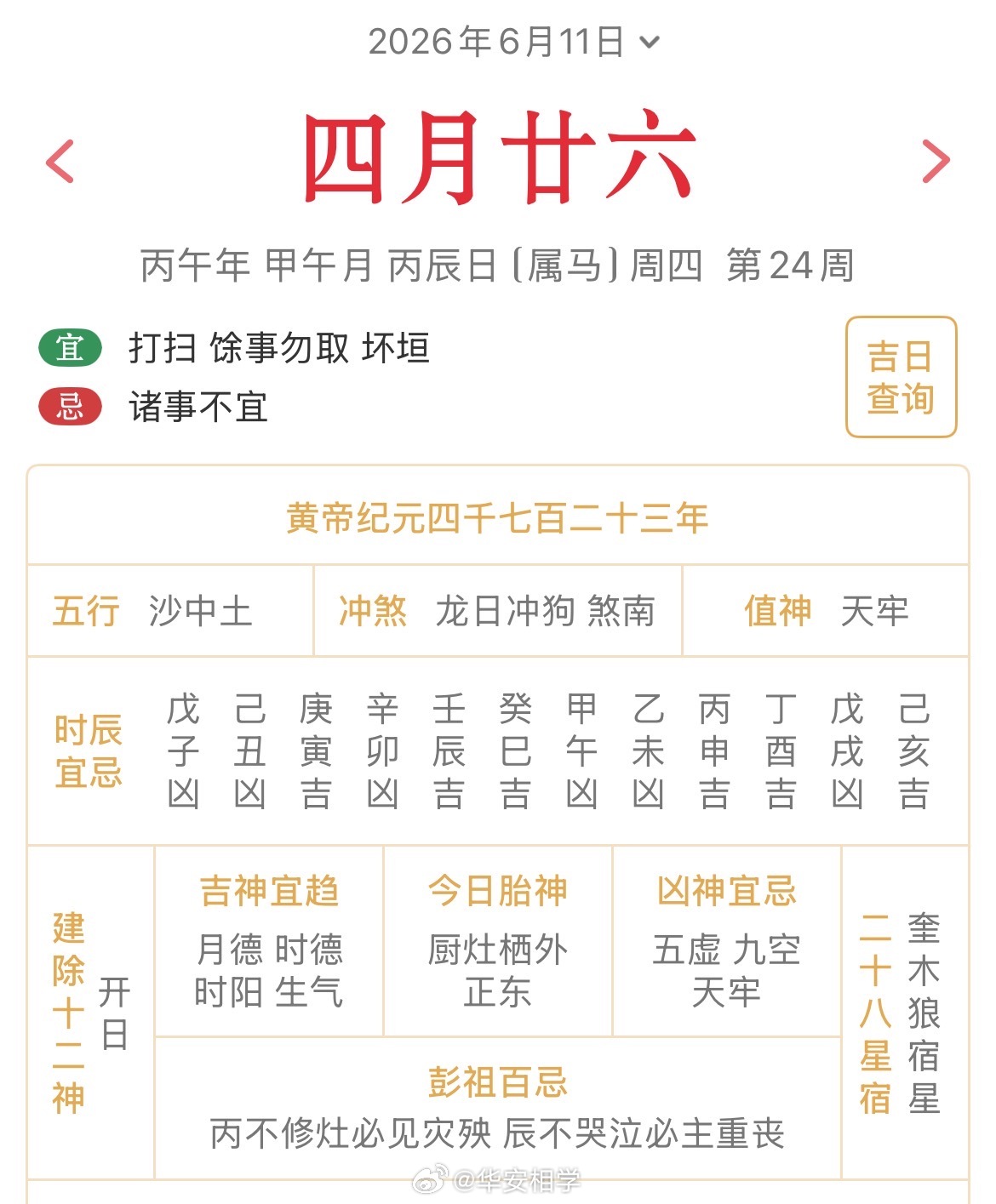 十二生肖每日简运 仅供参考2026.6.11丙午年甲午月丙辰日丙辰天克地冲壬戌：