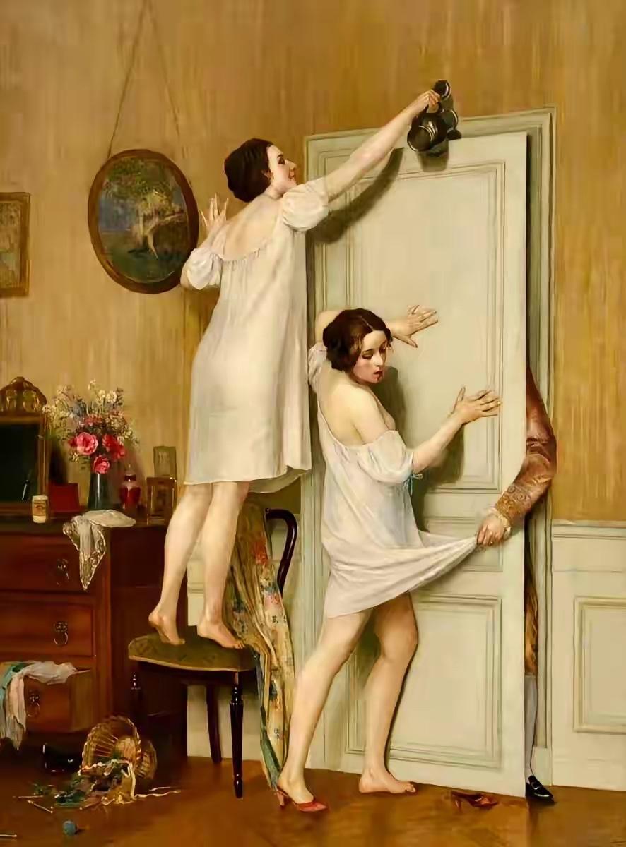 复古卧室的浪漫邂逅，两位女士的优雅姿态，仿佛时光倒流。