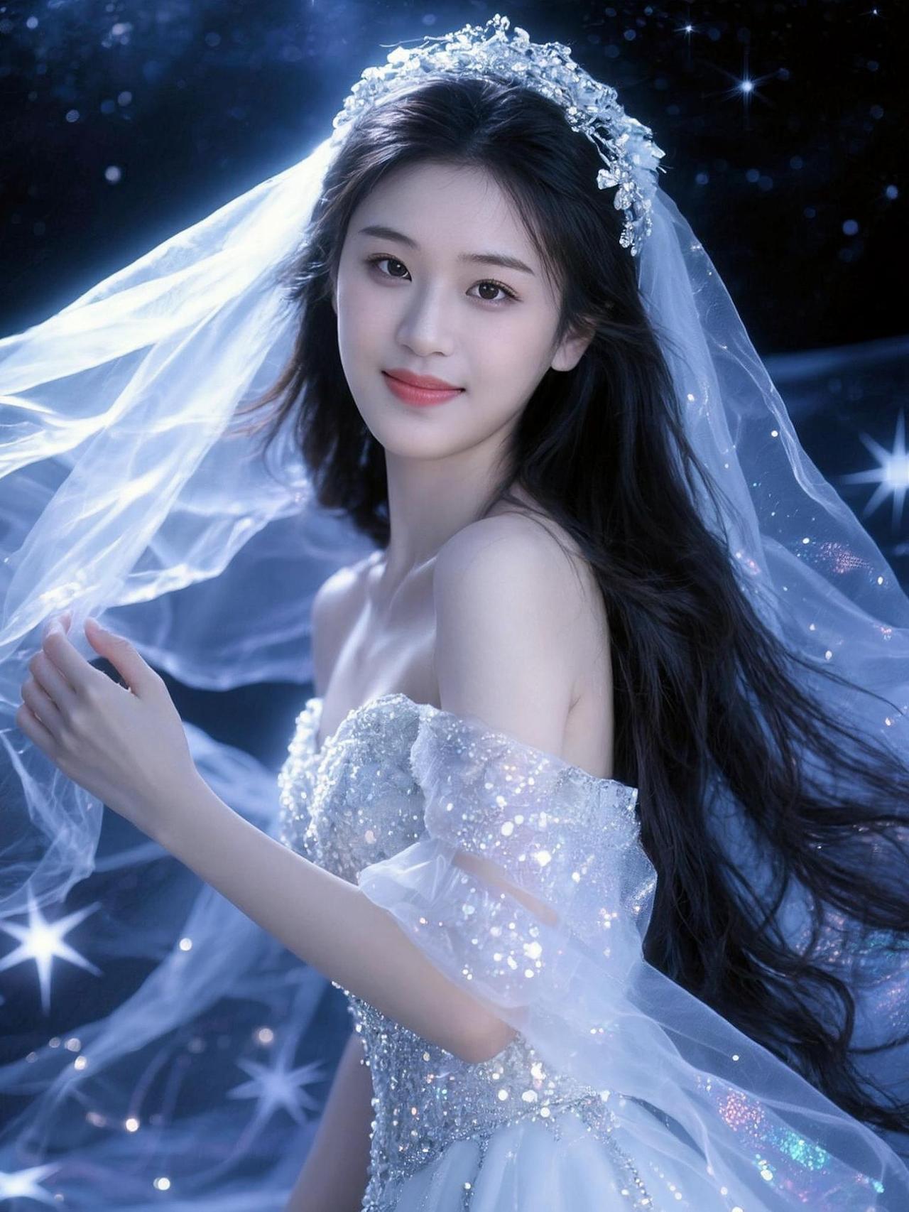 婚纱的梦幻与星辰的璀璨交织，仿佛置身于童话世界。裙摆上的每一颗亮片都像是夜空中闪