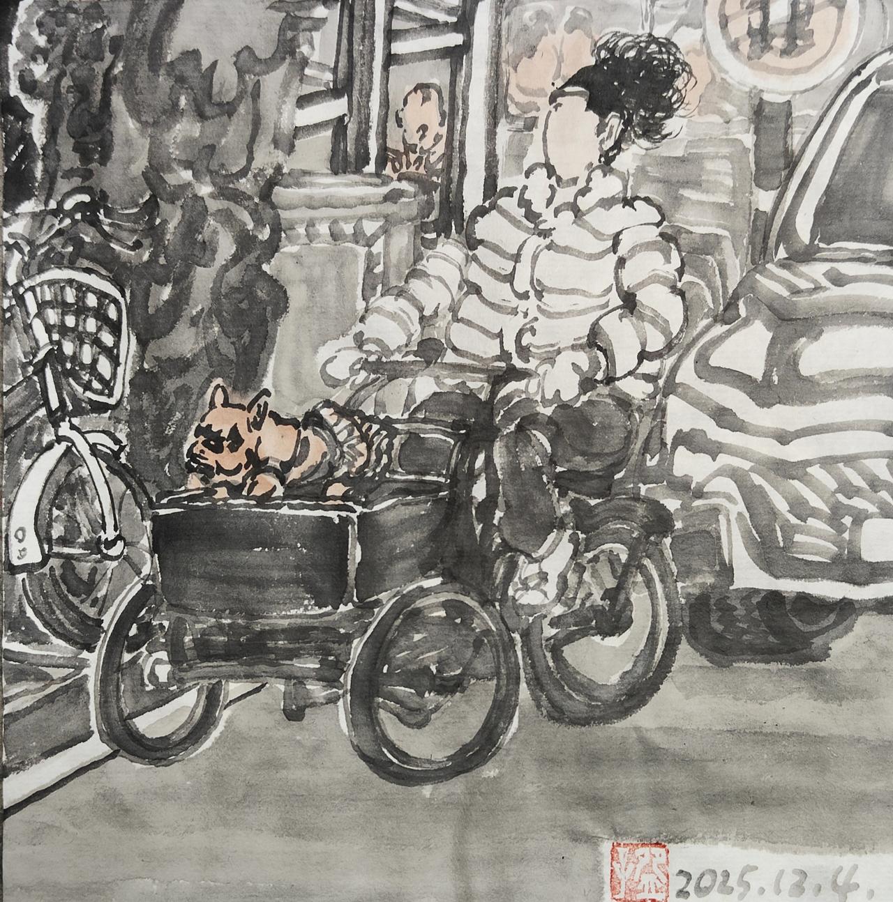 碗子的纸片水墨《城里》之“溜狗不溜娃”