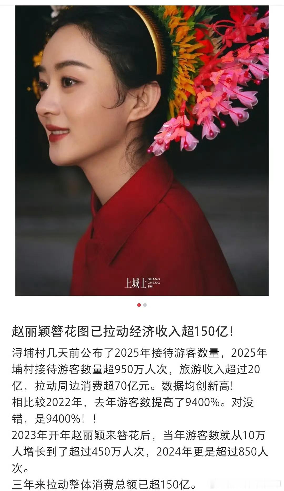赵丽颖带火簪花文化，拉动城市经济，游客数量提高了9400%，这是什么雷霆数字。