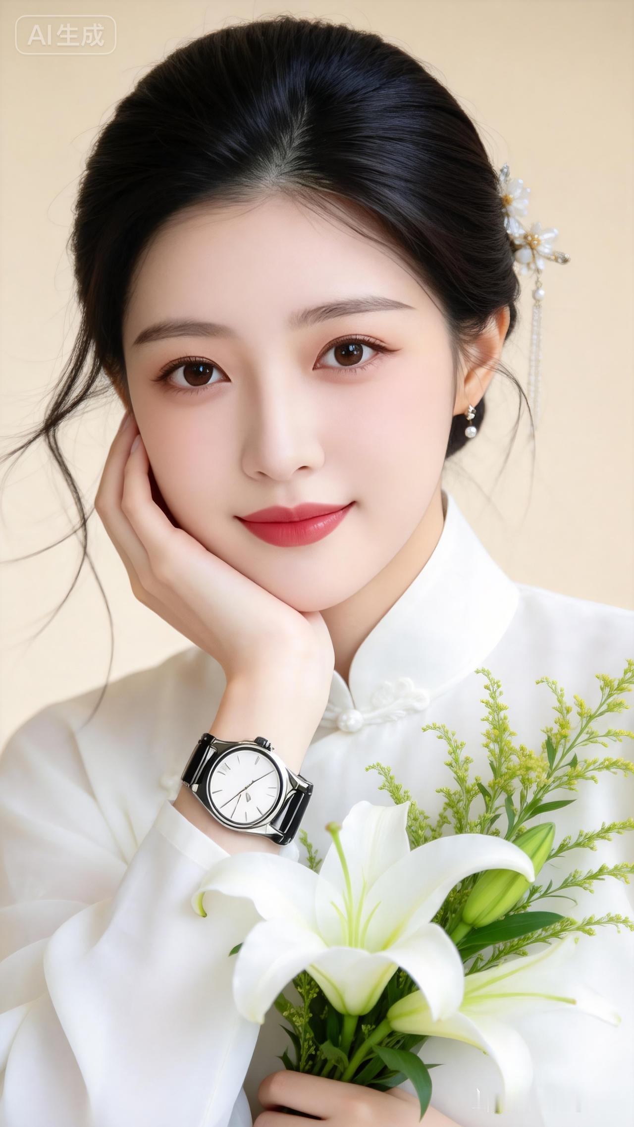 美女手拿花束，戴着手表，脸上洋溢着灿烂的笑容，一头黑发随风飘动，仿佛自带花香。让