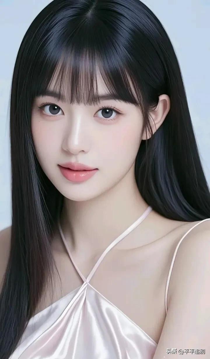 黑长发垂落肩侧，浅粉缎面衬得肌肤胜雪，
眉眼间是藏不住的清透与温柔，
像把整个春
