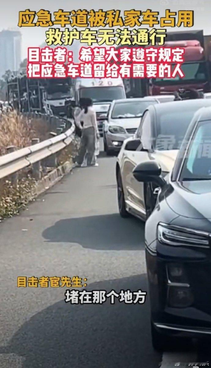 多辆私家车走应急车道致救护车受阻  额，建议处罚 