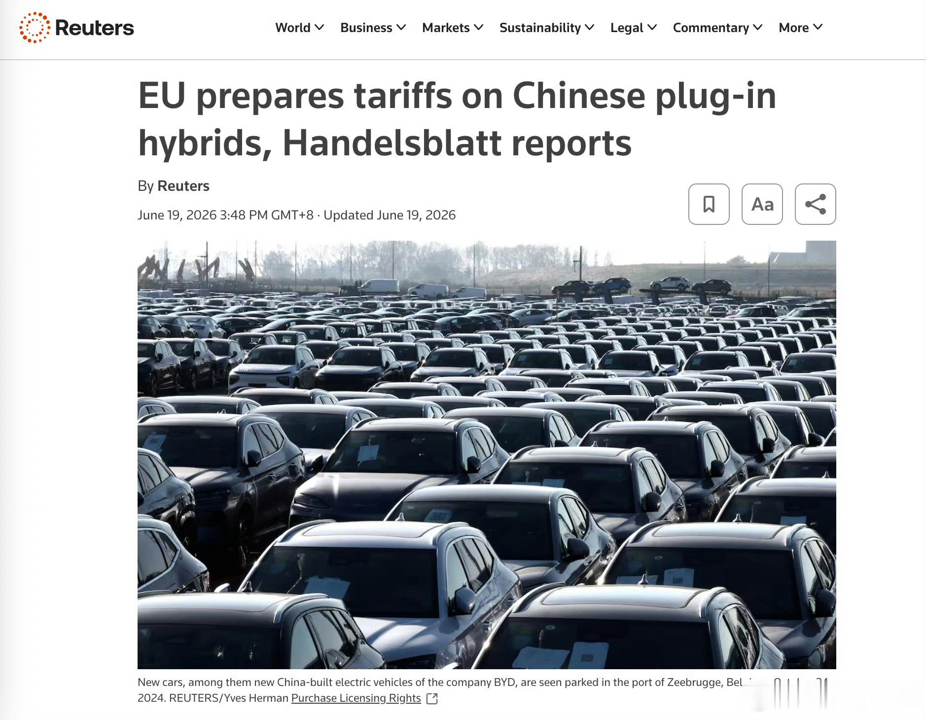 路透社报道，欧委会数周内将对中国 PHEV 加征反补贴税，相关调查已经启动。20