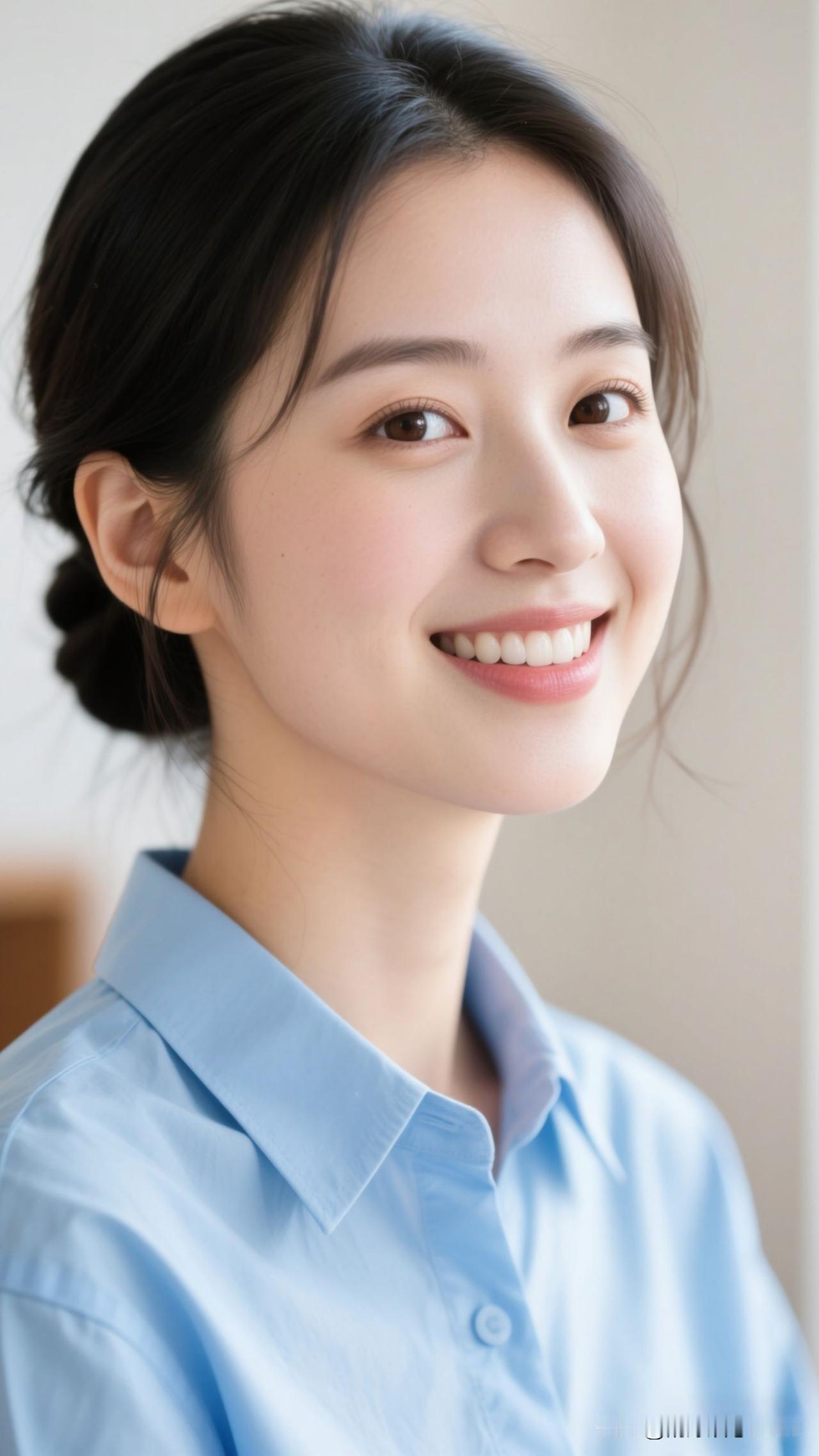 浅蓝衬衫盛着晴日的光，发髻挽住风的软，笑意漫开时，整个世界都浸着温柔的甜。温柔仙