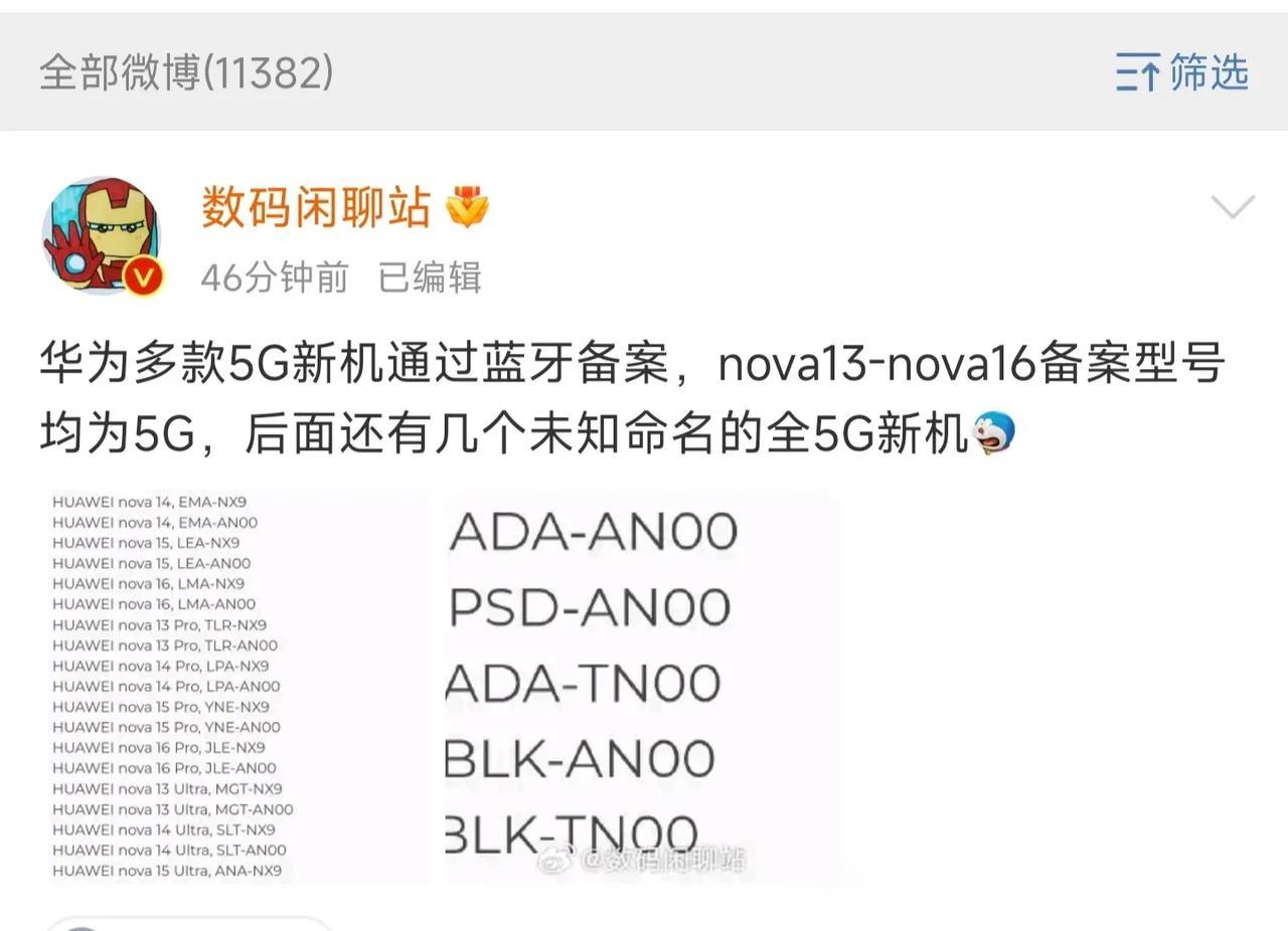 华为是不鸣则已，一鸣惊人。多款5G手机入网。13开始， Nova 14. Nov