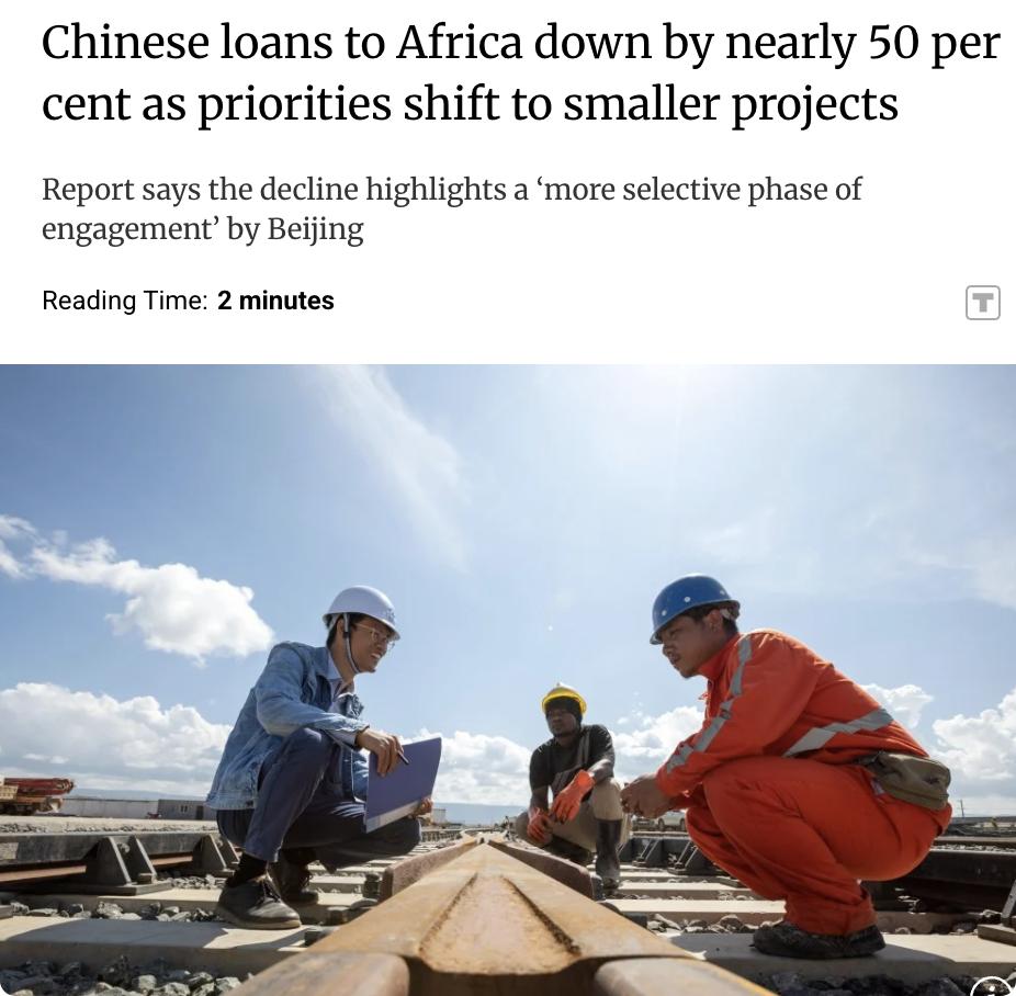 外媒：据波士顿大学全球发展政策中心报告，2024年中国对非洲贷款降至21亿美元，