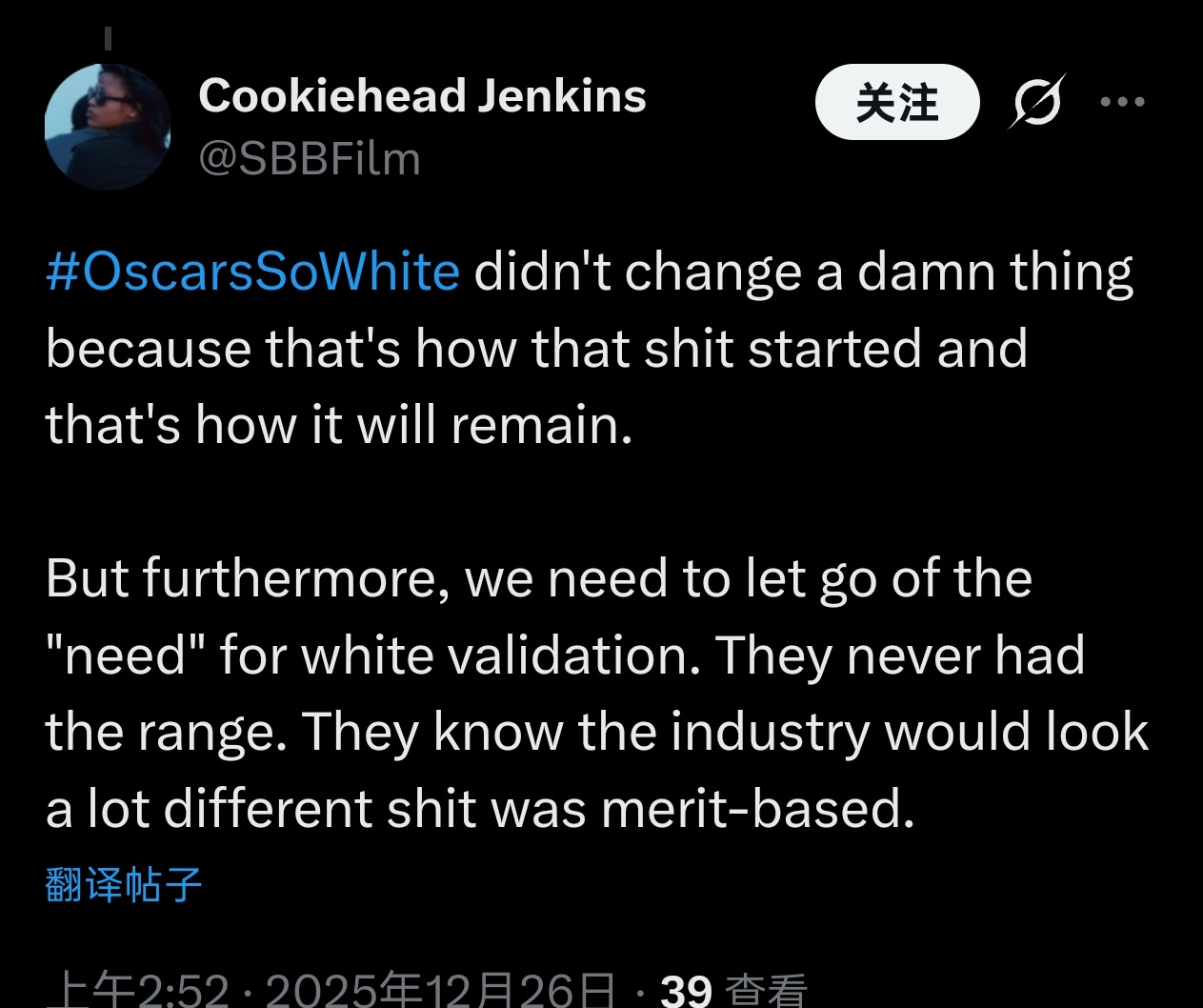 SBBFilm:OscarsSoWhite运动屁用都没有，因为这破事儿打从一开始