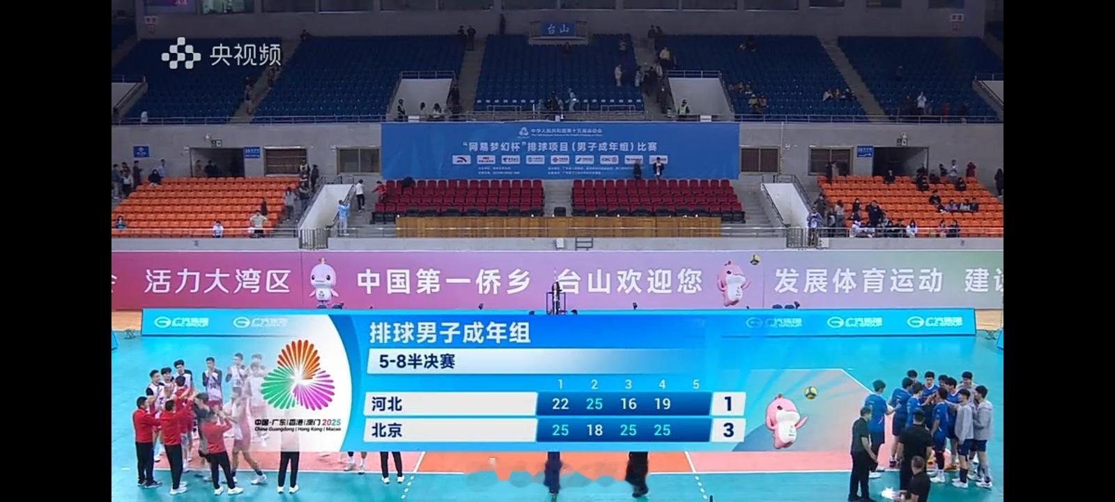 男排成年组5-8名比赛，北京男排3比1河北男排，两队这次全运会的发挥都不够稳定，