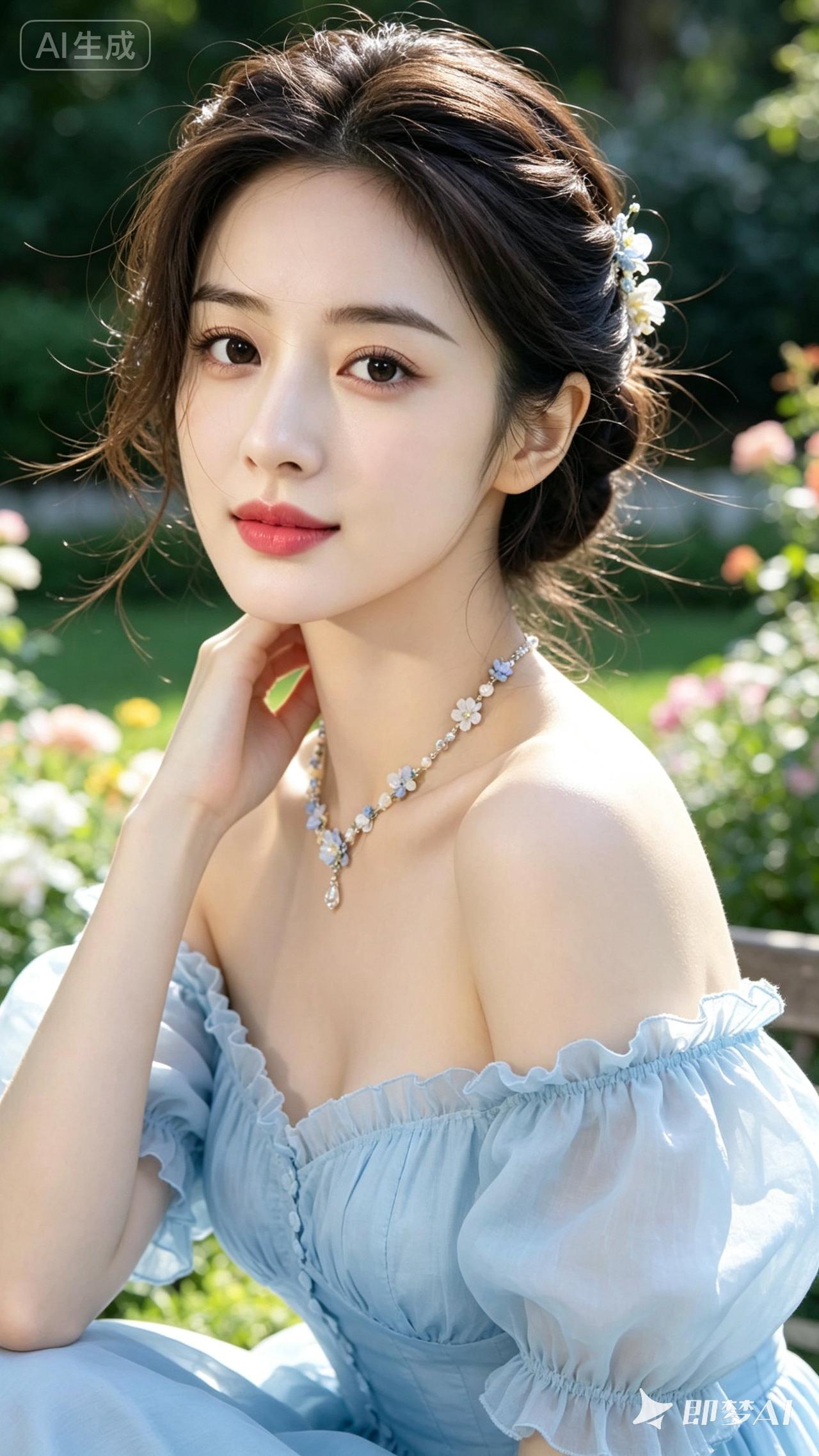梦幻蓝裙少女，花海中的优雅仙子