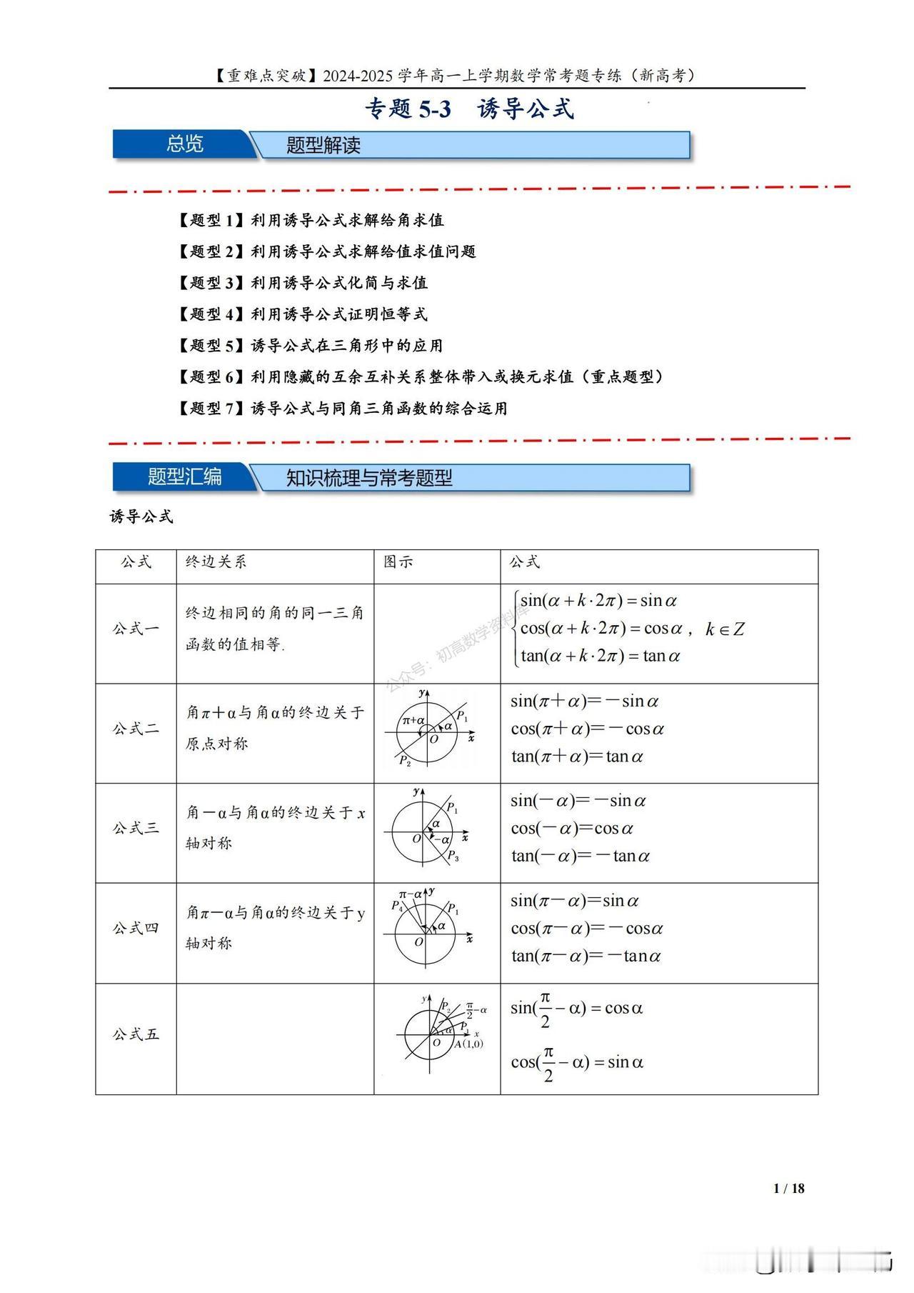 高一数学期末培优——三角函数中诱导公式7大题型汇编
1、利用诱导公式求解给角求值