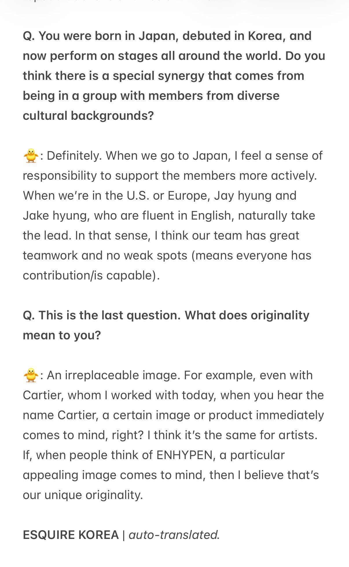 西村力 260622Esquire Korea采访Q: 你在日本出生、于韩国出道
