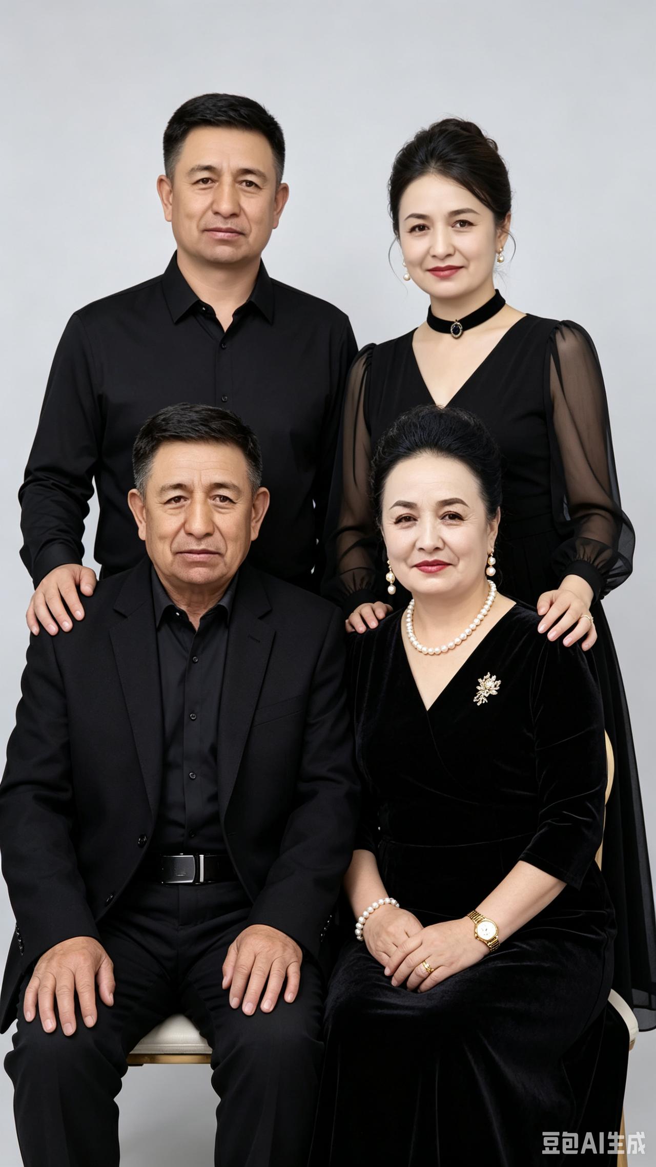 全家福咏
阖家齐聚华堂中，
玄服齐整韵端庄。
慈颜带笑霜风暖，
俊目盈春意气昂。