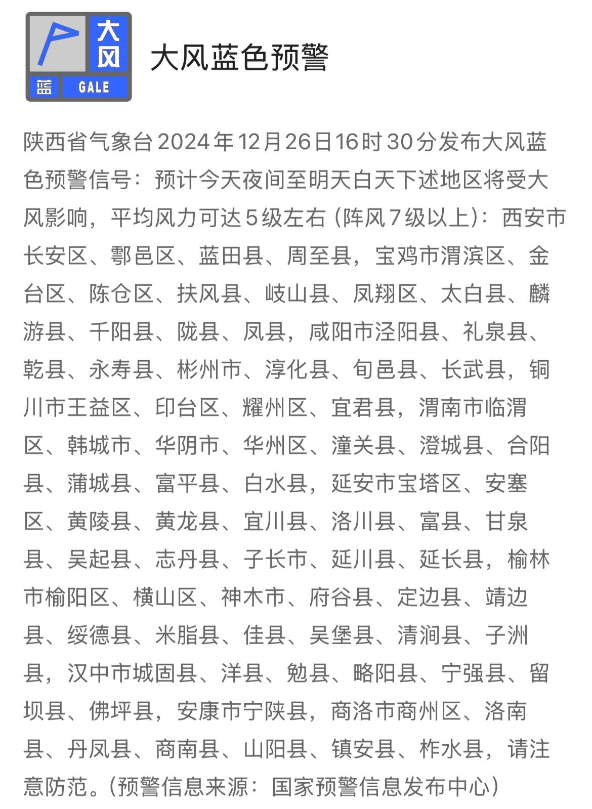 陕西省气象台发布大风蓝色预警信号。