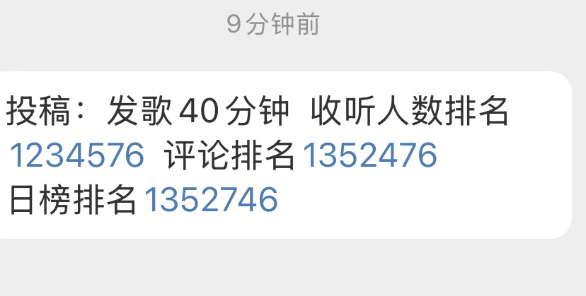 投：发歌40分钟  收听人数排名1234576  评论排名1352476日榜排名