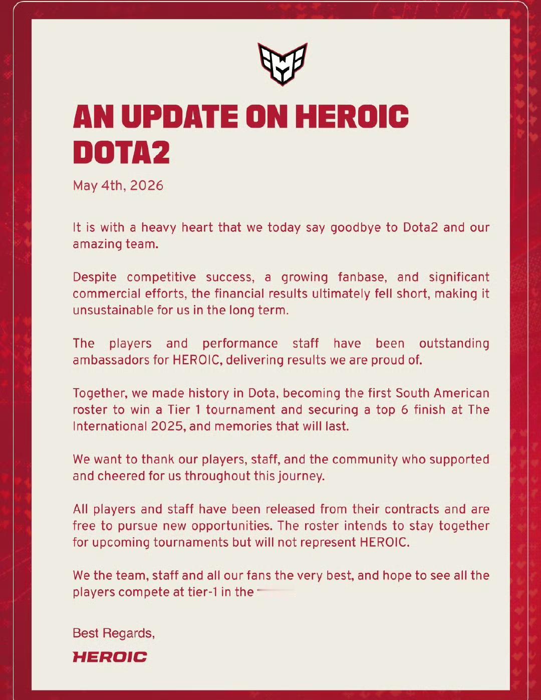 南美刀塔荣光Heroic退出刀塔项目

由于很难商业化，并且存在财务危机，南美唯