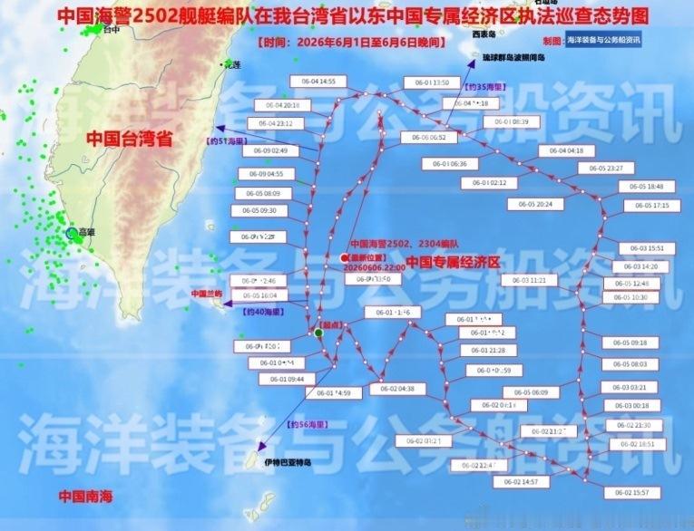 大陆海警赴台湾以东海域巡航，破“海峡中线”后又一标志
交通运输部6月6日组织福建