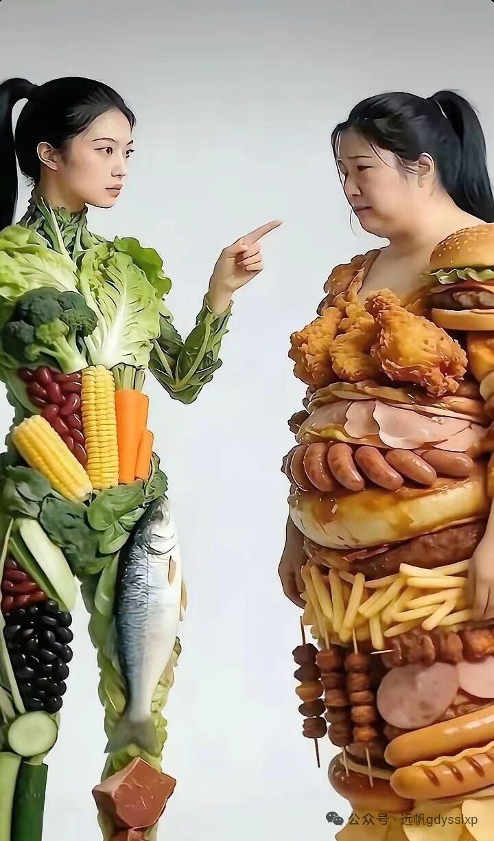 蔬菜姐 vs 炸鸡妹：一场餐桌界的巅峰对决
 左边蔬菜姐一身“绿装”，清清爽爽，