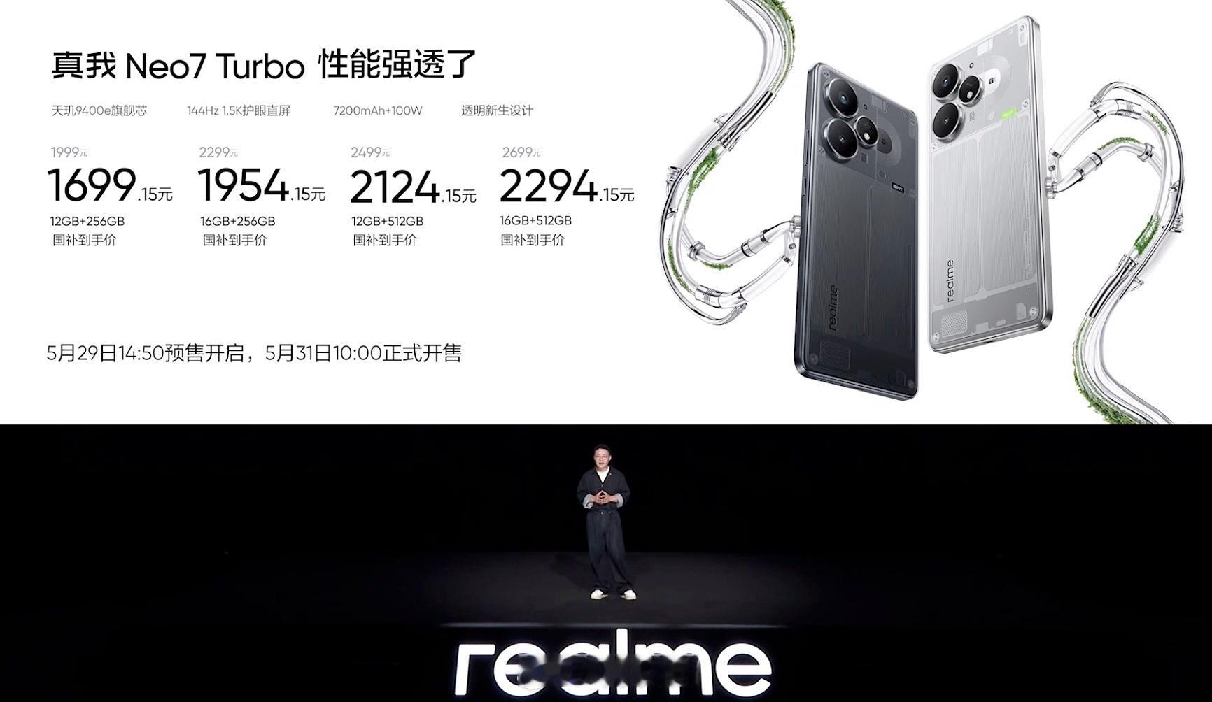 真我 Neo7 Turbo：天玑 9400e处理器1.5K 144Hz OLED