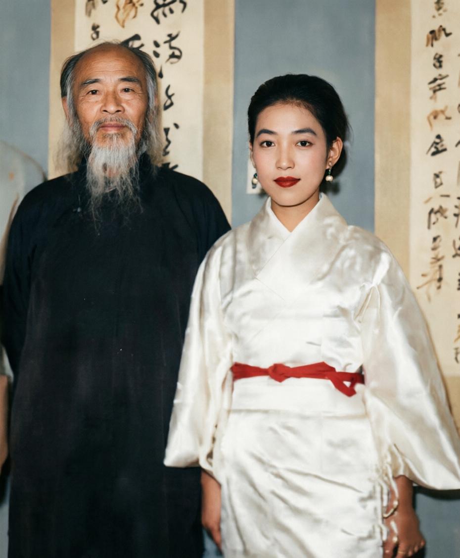 须发皆白的国画大师，与身着白色和服、系着红腰带的端庄女子同框，这张充满年代感的老