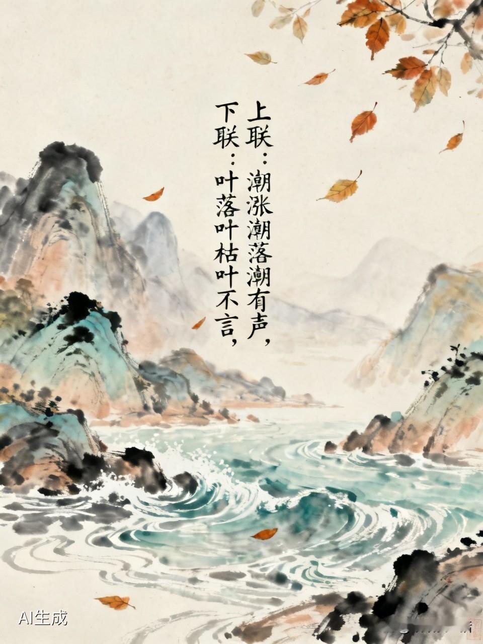 下联:叶落叶枯叶不言。对对联潮涨潮落潮有声！