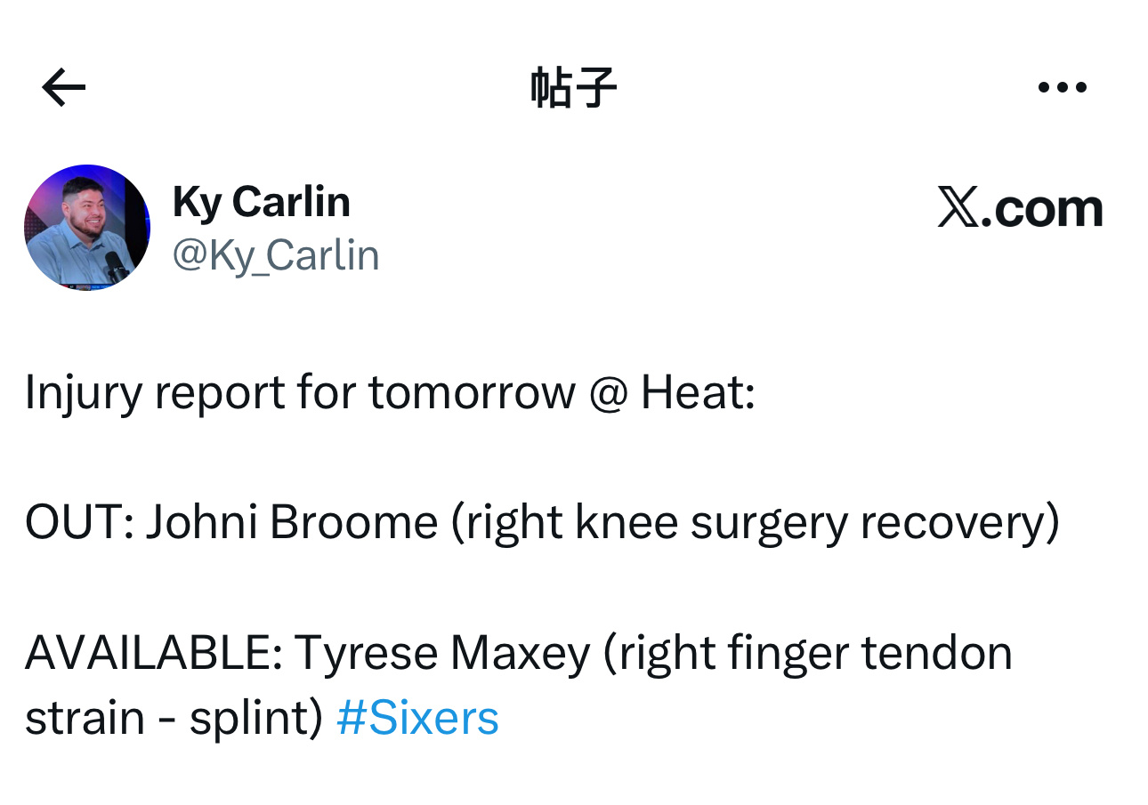 伤病报告更新，明天客场对阵热火队比赛，乔奈·布鲁姆（右膝手术恢复中）被列为无法出