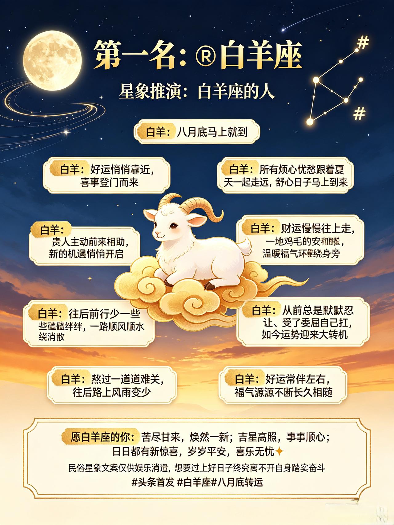 第一名：♈白羊座
 
星象推演：白羊座的人
白羊：八月底马上就到
白羊：好运悄悄