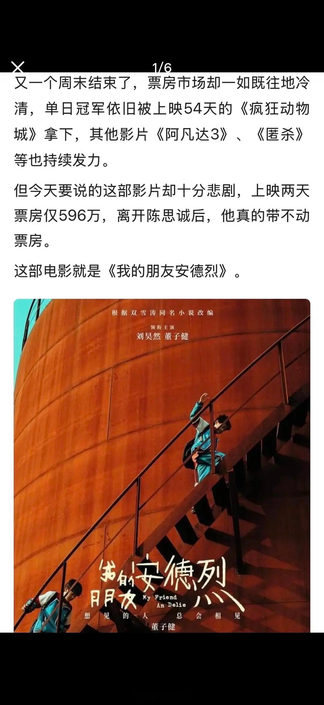 刘昊然新片《我的朋友安德烈》票房惨淡，上映两天仅收596万 