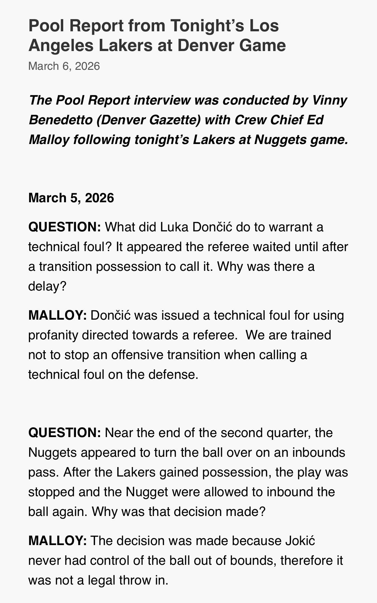 本场湖人对阵掘金赛后，《丹佛公报》记者维尼-贝内代托对裁判组主管埃德-马洛伊进行