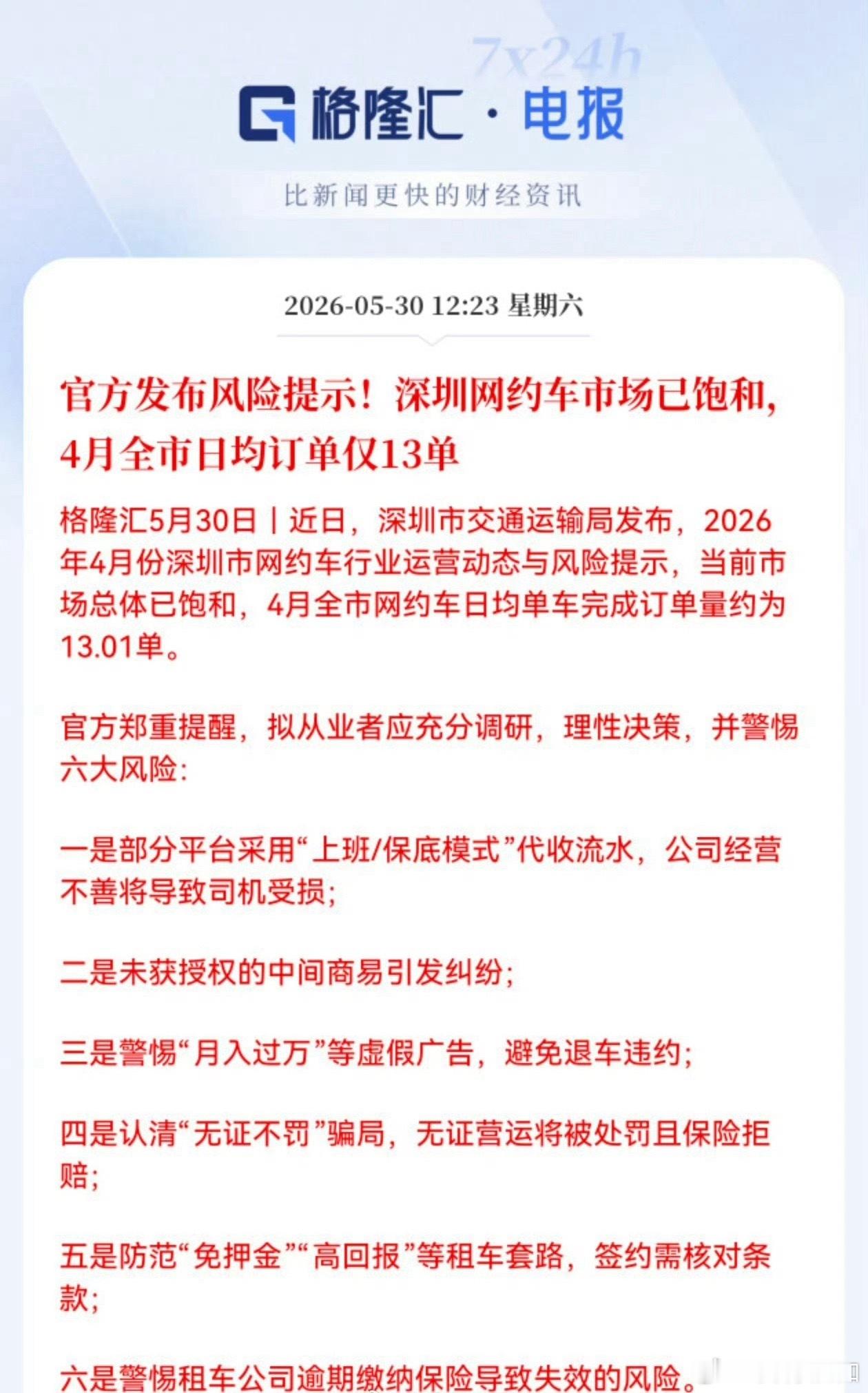 官方发布风险提示！深圳网约车市场已饱和，4月全市日均订单仅13单。 