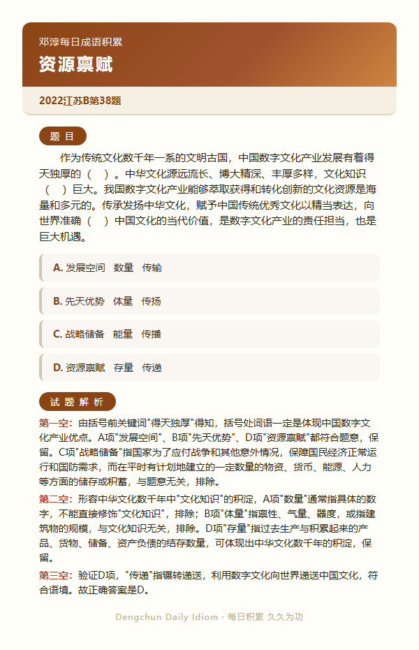 今日公考言语高频成语：资源禀赋+3 道真题 