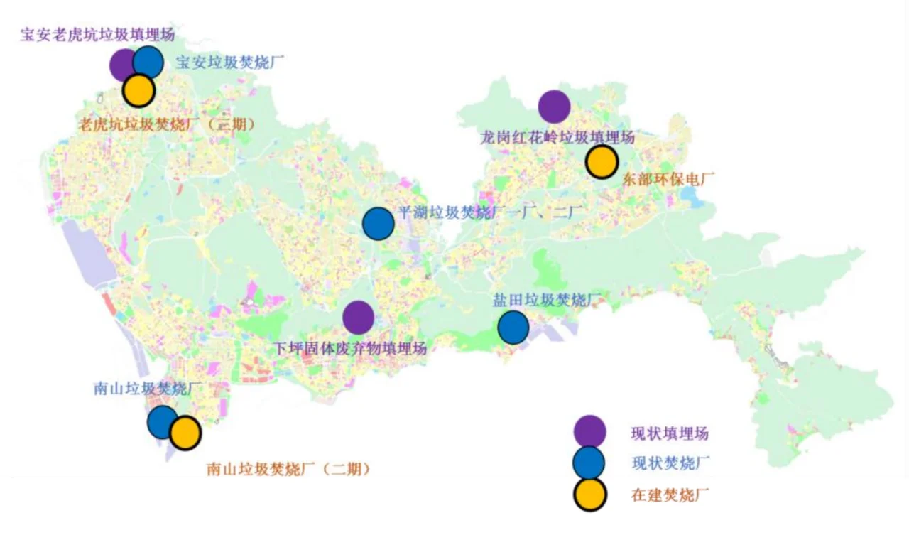 深圳市生活垃圾填埋场、焚烧厂分布图