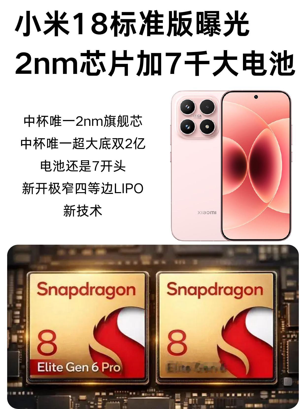小米18标准版曝光，2nm芯片加7千大电
池
小米18标准版的料来了，同档位唯一