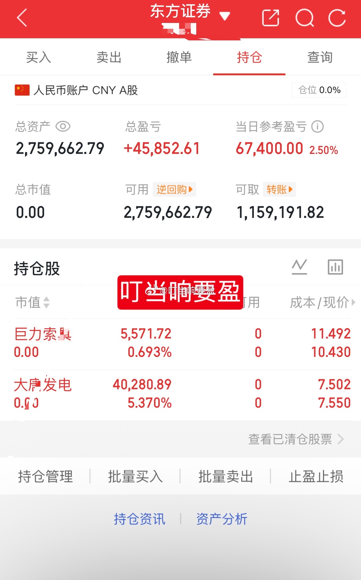 1百w挑战一年翻5倍（第92天）今天卖出：601991大唐发电  002342巨