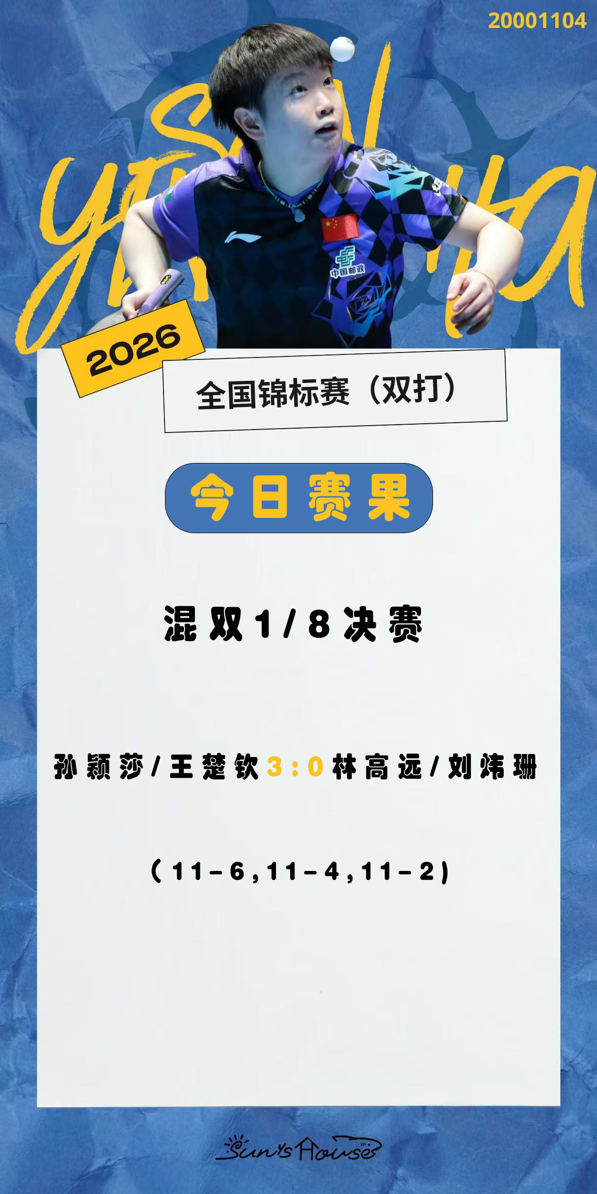 孙颖莎  🏓2026全国乒乓球锦标赛 【今日赛果】混双1/8决赛孙颖莎/王楚钦