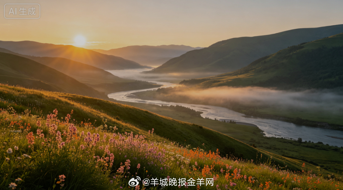#早安# 朝阳缓缓升向开阔的河谷，暖光漫过遍地盛夏花草，清风悠悠穿过山谷。不急不