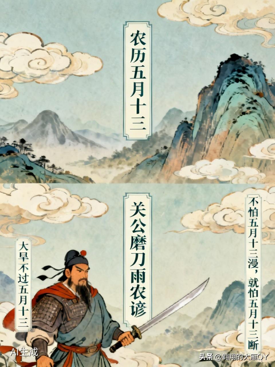 今天是农历五月十三民间俗语（关公磨刀雨农谚）
五月十三，俗称关公磨刀日，这天的雨